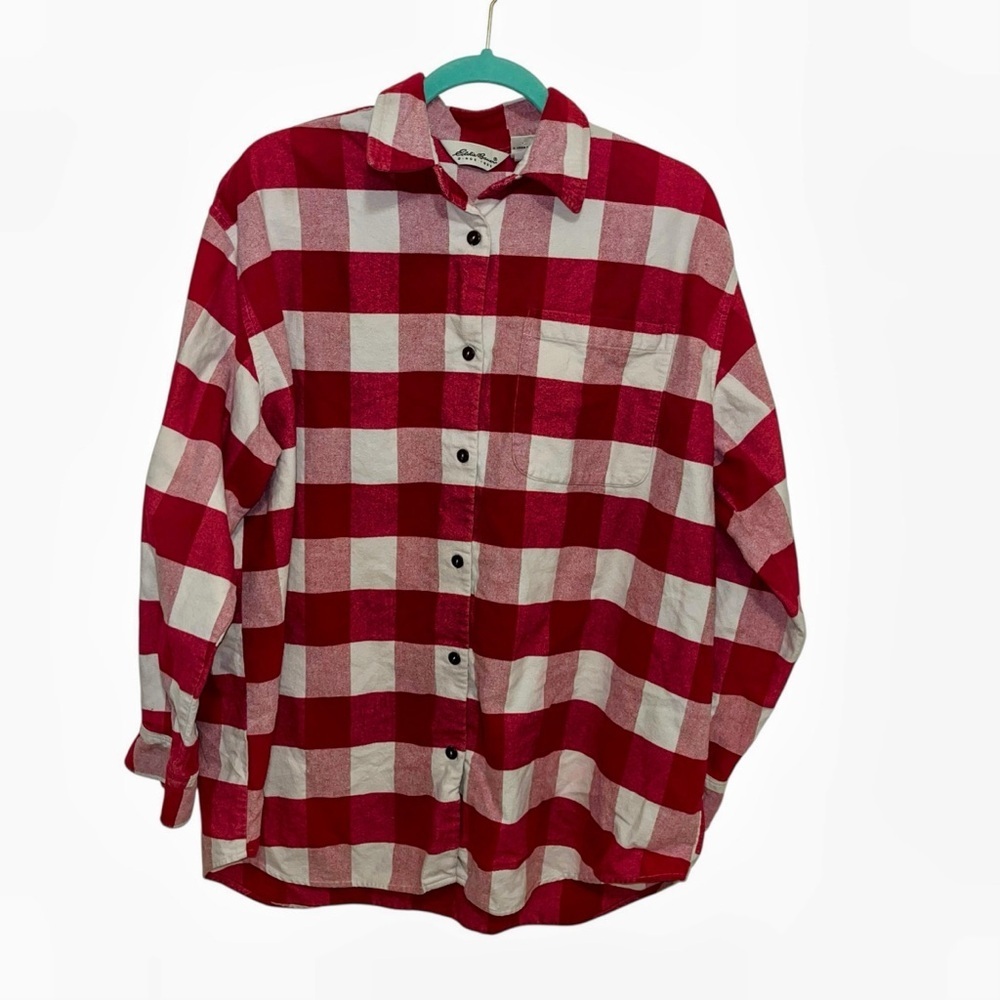Eddie Bauer 100% cotton medium M red white plaid flannel button shirt long sleev